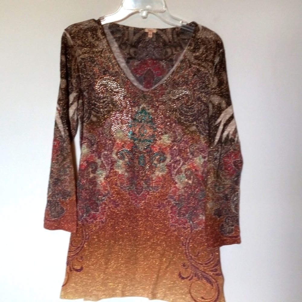 REBA TUNIC TOP  RUST ASYMMETRICAL HEM RHINESTONES Embellished Size Small